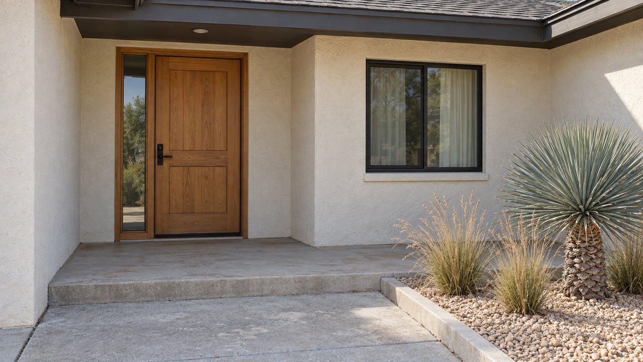 Recessed entrance of a light stucco home with a wood door, dark window frame, concrete step and blue-gray yucca in a gravel bed.