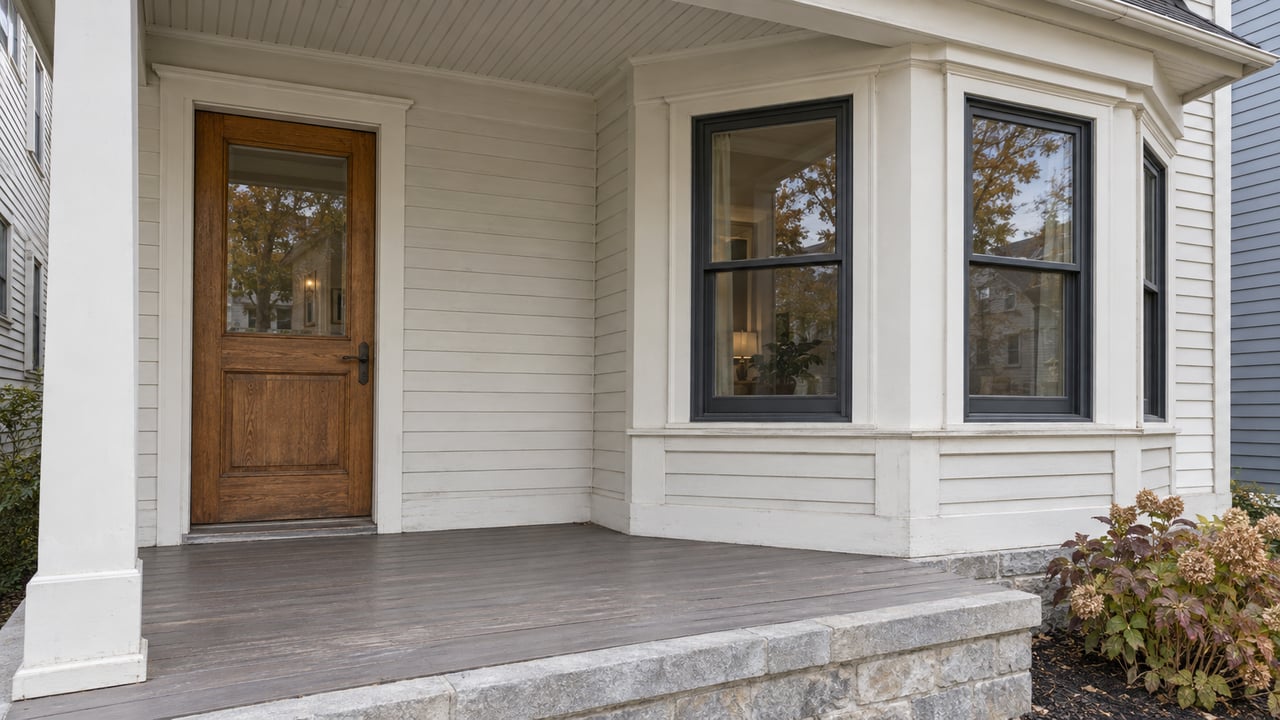 A renovated home's oak entry door and dark-framed bay window above a weathered porch, with limestone edging and autumn oakleaf hydrangeas.
