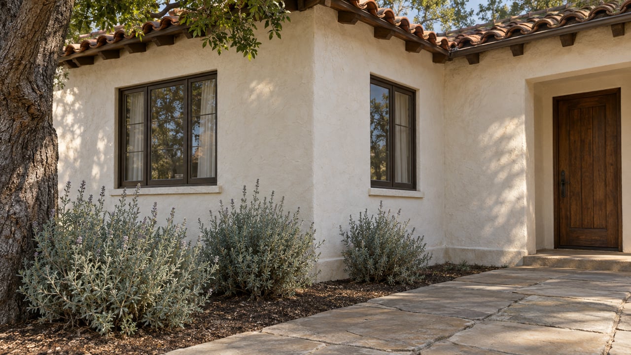 Older ivory-stucco house corner with terracotta eaves, bronze windows, a wood door, and silver-green shrubs.