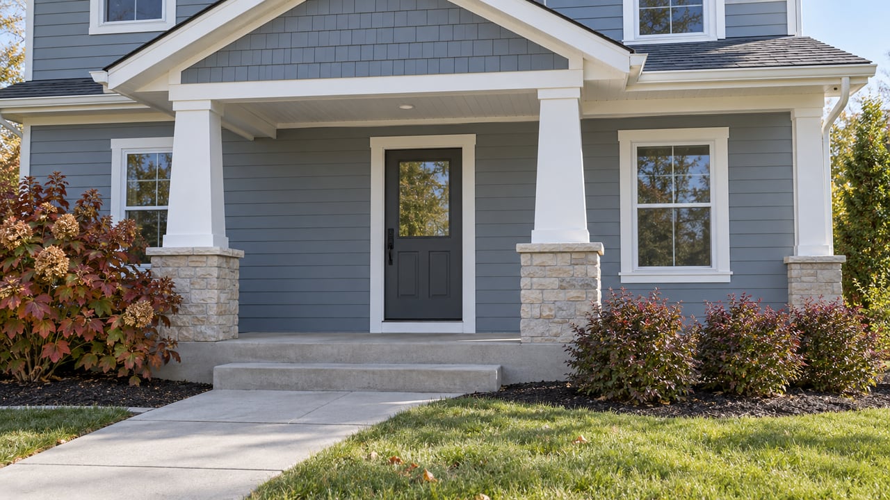 Blue-gray home with a stone-based covered porch, concrete approach and autumn-colored hydrangea and sweetspire planting.