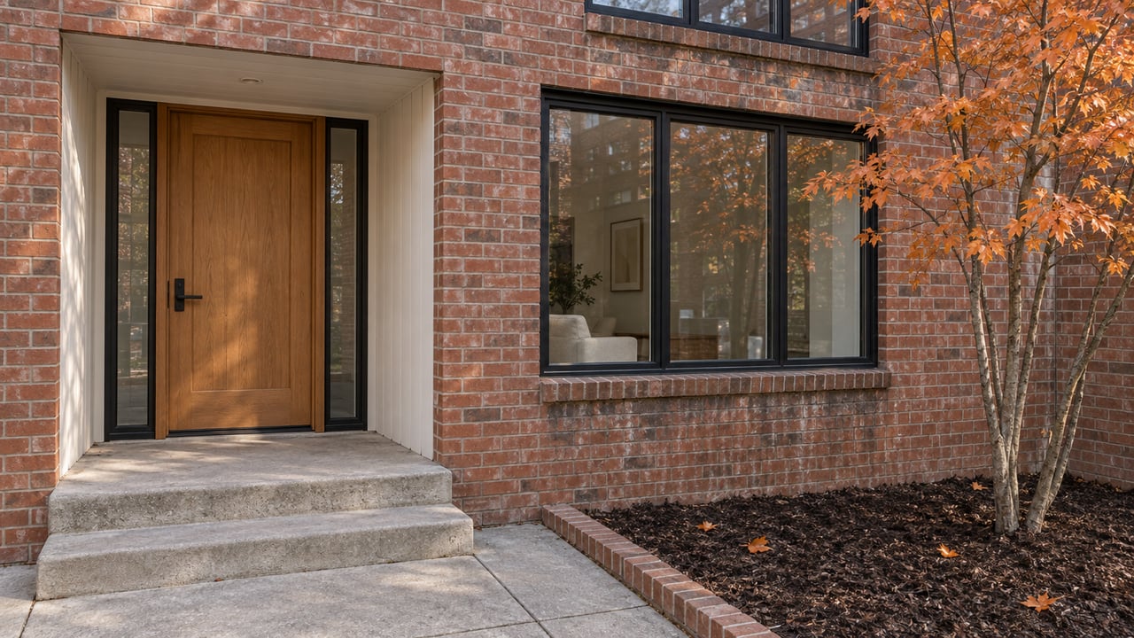 Brick residential entrance with an oak door, black-framed windows, concrete steps and a small autumn serviceberry tree.