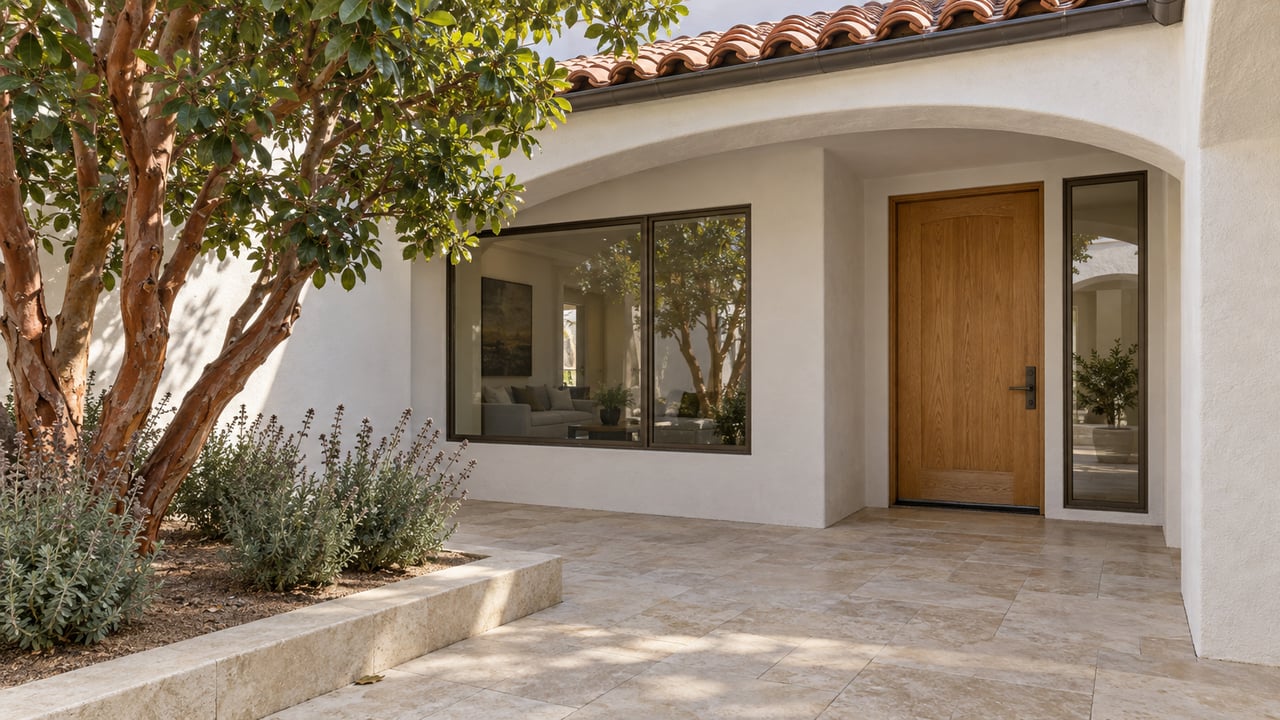 Sunlit white stucco entry courtyard with terracotta roof tiles, an oak door, limestone paving and a sculptural strawberry tree.