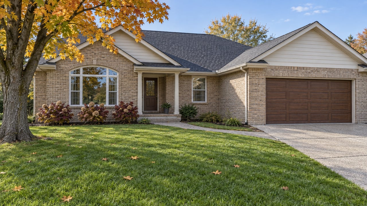 Tan-brick home with cream gables, a deep front lawn, and a sugar maple turning yellow and orange in autumn daylight.