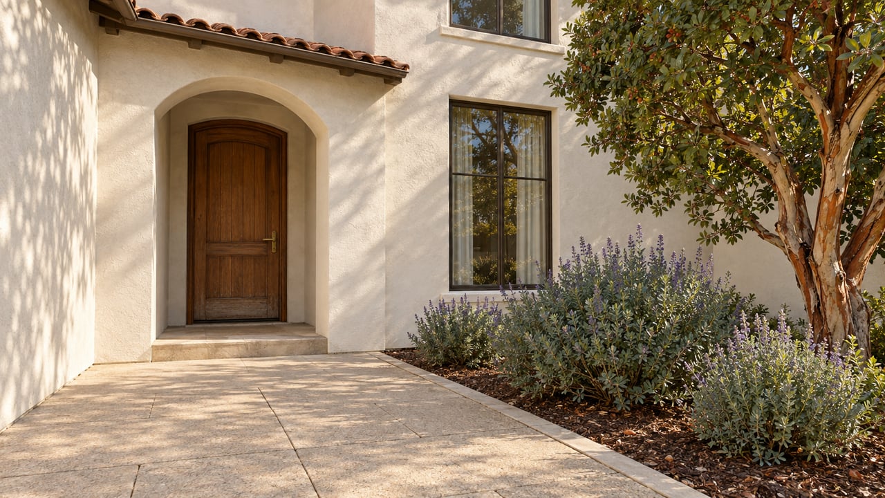 Ivory stucco home with a recessed arched oak entry, terracotta eave, bronze-framed windows, and a paved approach beside a strawberry tree and Cleveland sage.