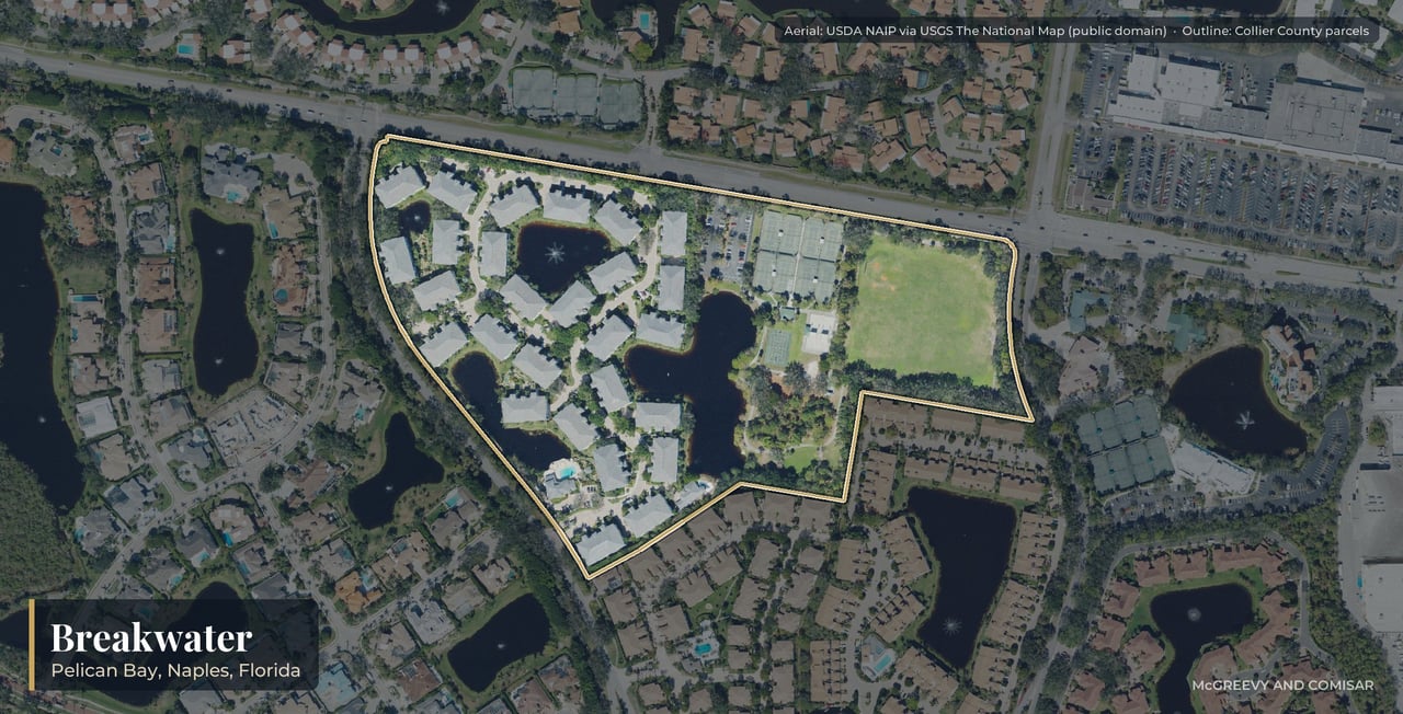 Aerial view of Breakwater at Pelican Bay, Naples, Florida, with its parcels outlined