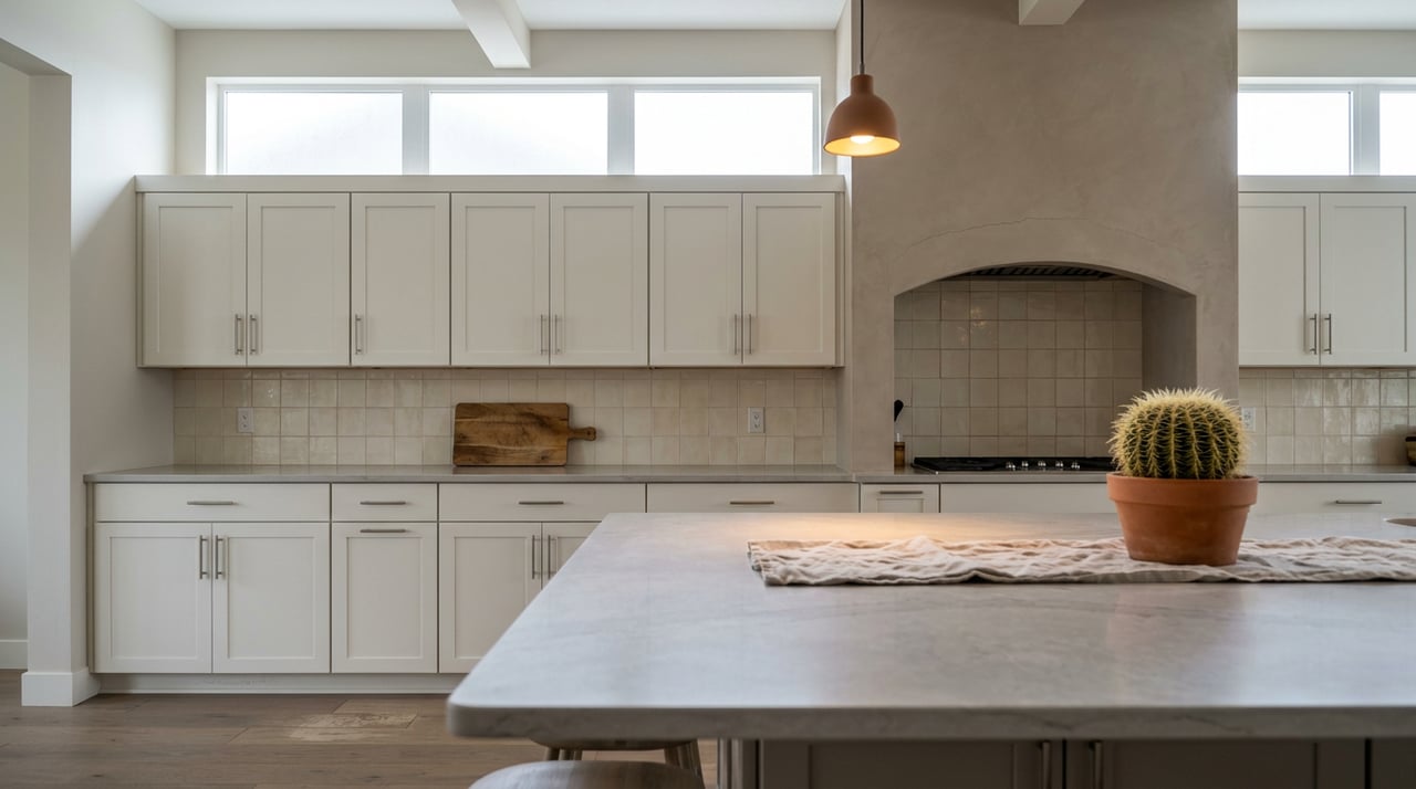 Kitchen island with pale quartz countertop, warm white cabinets, and a potted cactus beneath a pendant light.