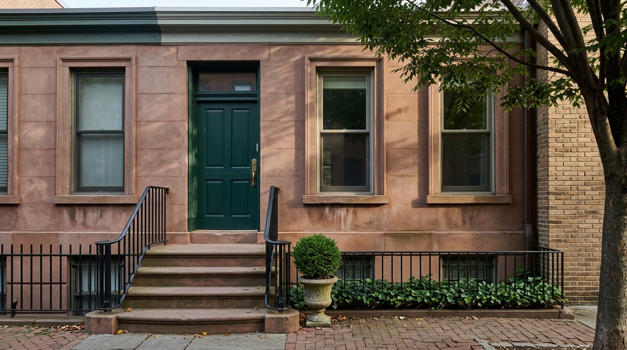 Weathered brownstone rowhouse with a green door, worn stone stoop, black iron railings, and deep-set windows.