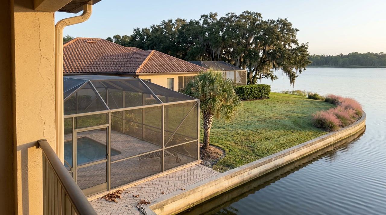 Lakefront yard with a screened pool deck, dew-covered lawn, and moss-draped oak across the water.