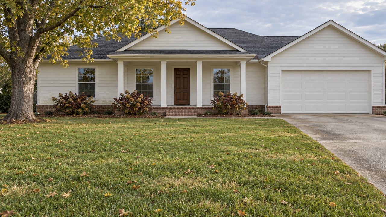 Light-sided single-story home with a covered porch, deep autumn lawn, mature pecan tree and attached garage.