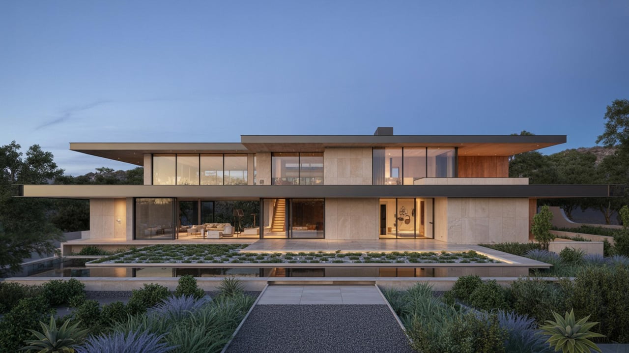 Modern two-story house with broad flat roof, glass walls, and landscaped garden at dusk.