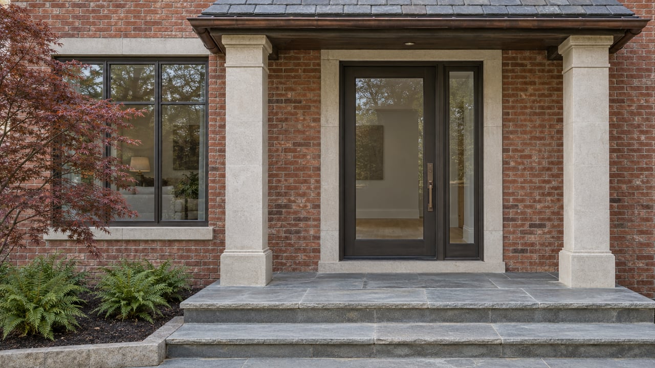 Covered brick home entrance with bronze-framed glazing, limestone piers, weathered bluestone steps and a russet Japanese maple.