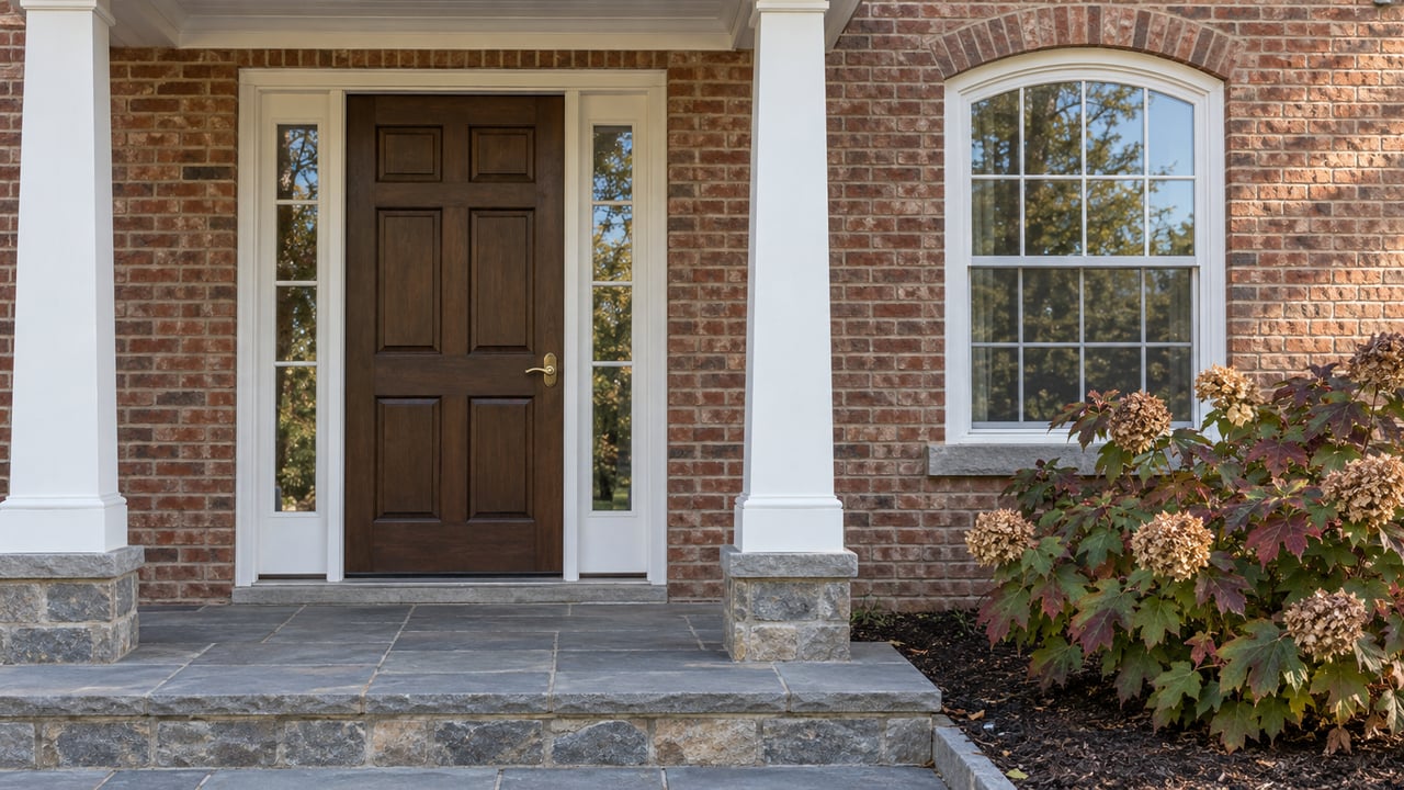 Brick home entrance with a walnut door, paired white porch columns, arched window, and weathered bluestone landing beside oakleaf hydrangea.