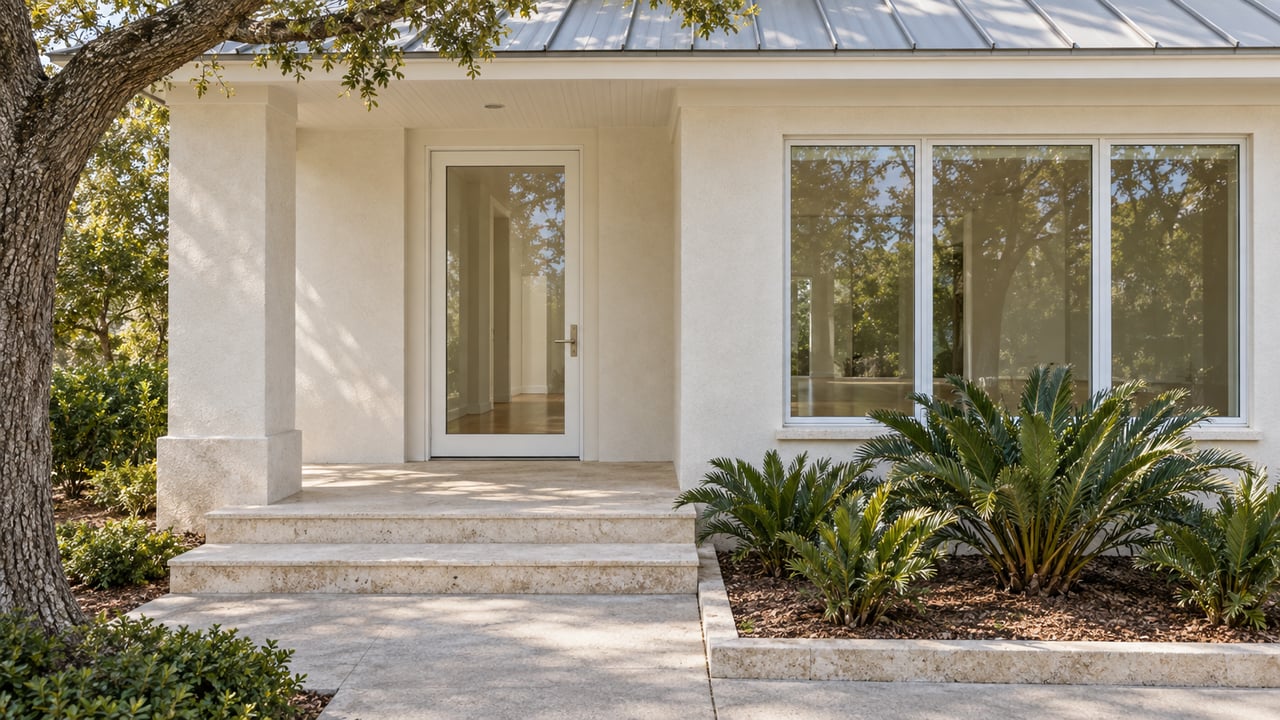 Warm-white stucco home entry with a glazed door, pale limestone steps, white-framed window, and coontie planting beside the approach.