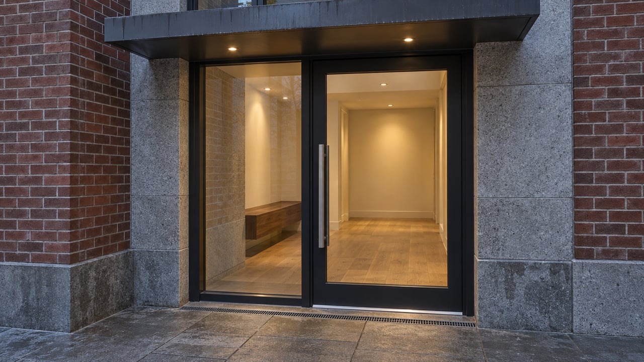 Glazed condominium entrance beneath a dark steel canopy, framed by red brick and grey granite, with a warmly lit enclosed vestibule.