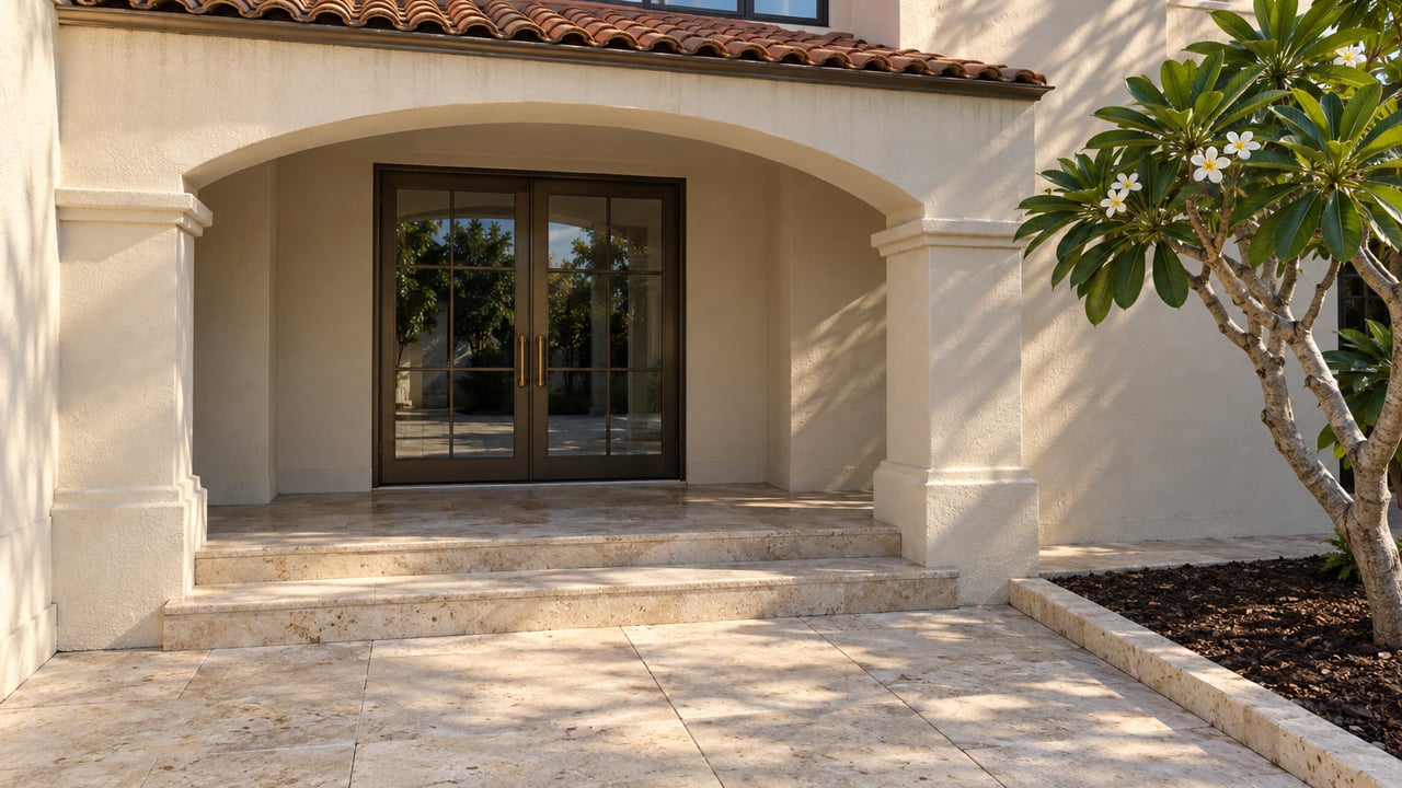Home entrance with arched stucco facade, dark double doors, stone steps, and flowering plumeria tree.