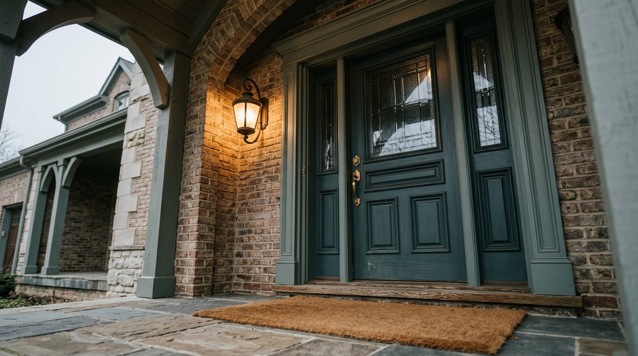Paneled front door with an iron sconce, stone base, and potted ornamental grasses.