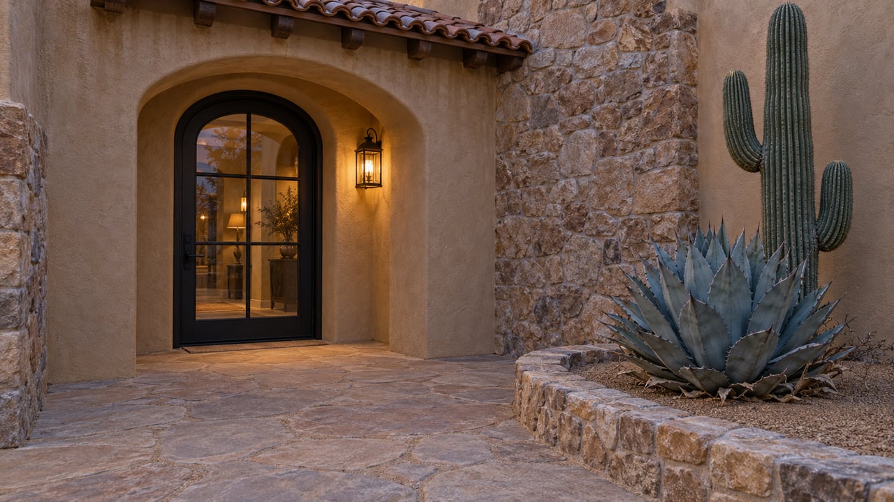 Blue-hour courtyard with a glazed arched entry, warm stucco, fieldstone paving and sculptural desert plants.