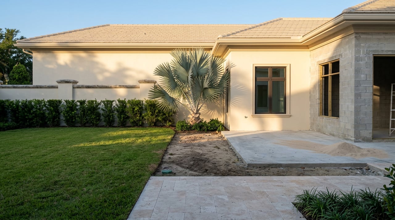 Estate grounds show a finished stucco wing beside an exposed block corner, with lawn, concrete slab, and a silver-blue palm.