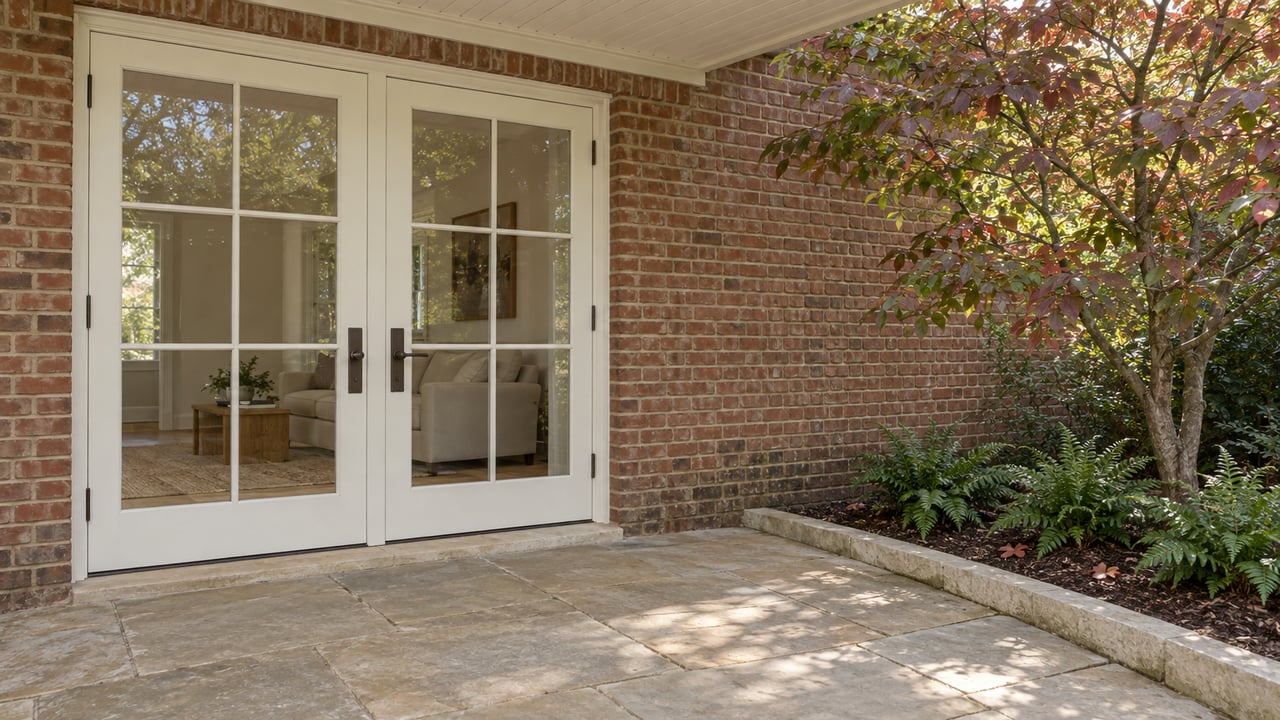 Paired glazed doors in a weathered brick wall open visually onto a softly furnished living room, with limestone terrace paving and a dogwood beside a raised planting border.