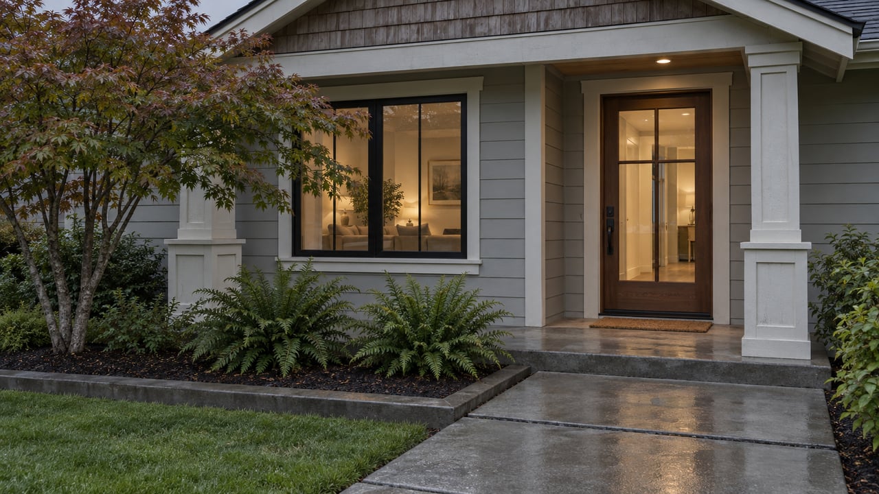 Recessed house entry with a closed glazed timber door, damp concrete slabs, and a maple beside the lawn.
