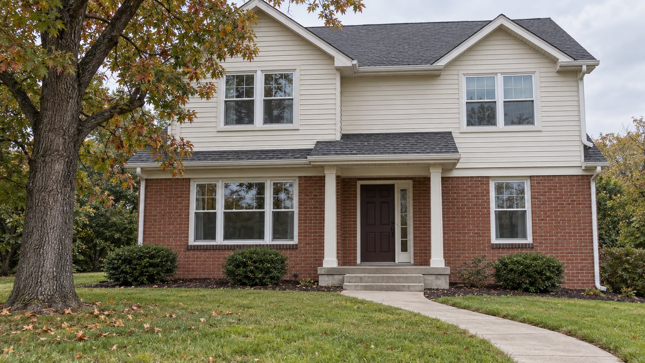 A brick-and-cream-sided two-story home behind an autumn lawn, with a concrete walk leading to a covered entrance.