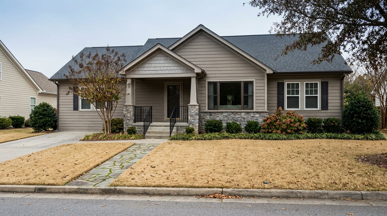Suburban home with a straw-colored lawn, stone-and-siding facade, and flagstone path to the porch.