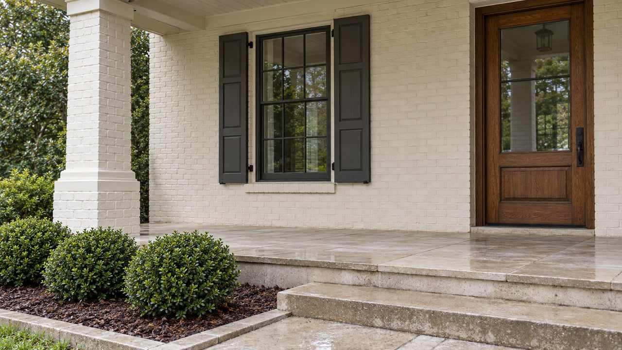 Ivory painted-brick veranda with a square column, shuttered tall window, closed oak entry door and damp limestone steps beside three rounded holly shrubs.