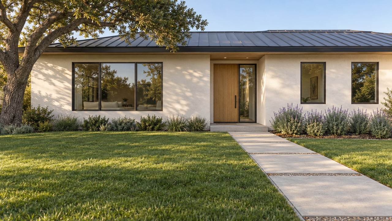 Contemporary single-story home with warm white stucco, bronze-framed windows, a recessed oak entry and a deep front lawn beneath a mature oak.
