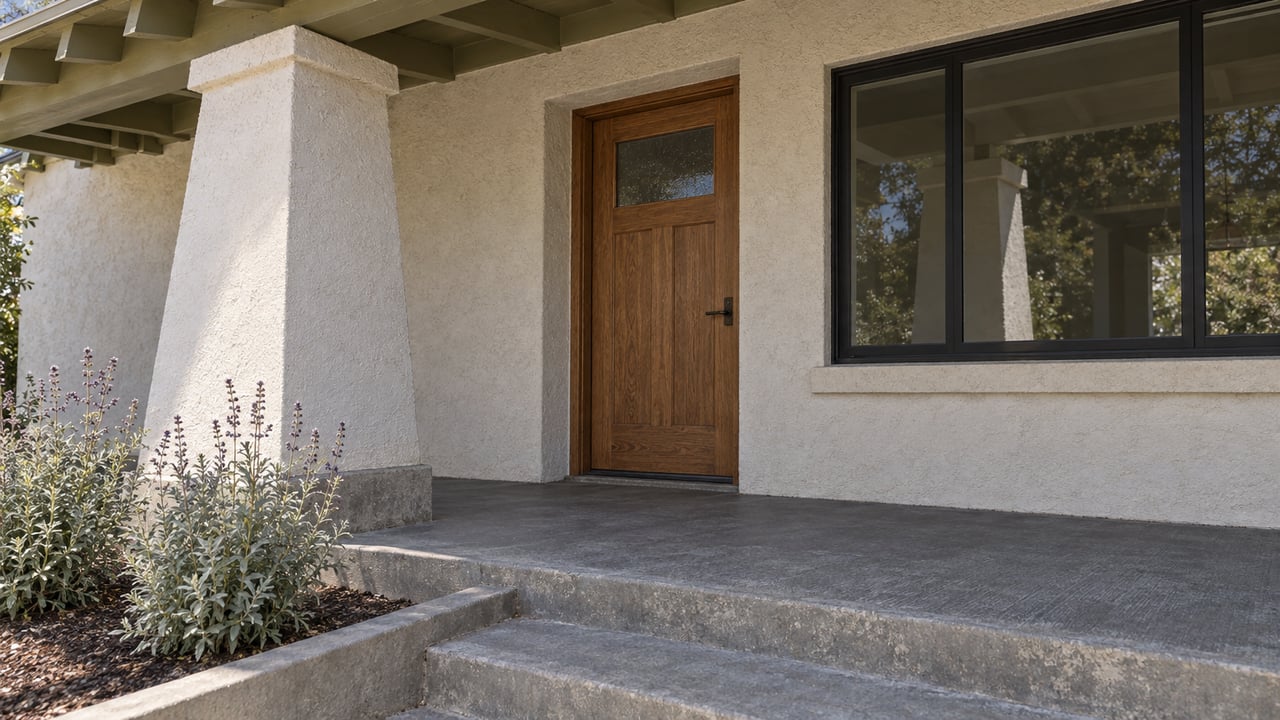 A sunlit bungalow porch with warm stucco, exposed rafters, an oak entry door and silver-leaved sage beside concrete steps.