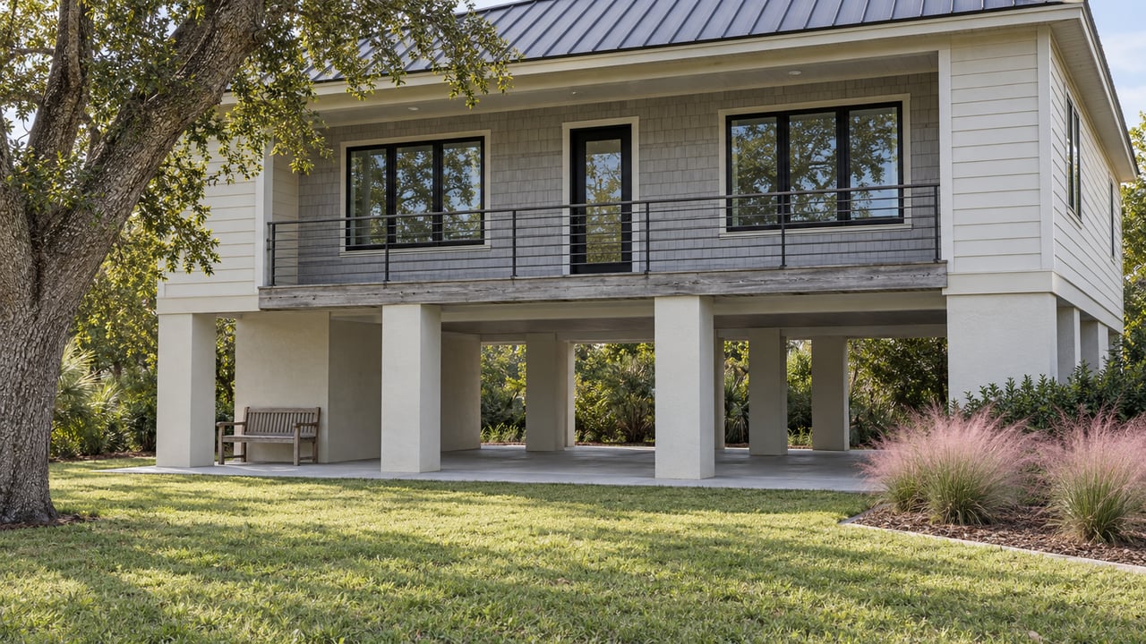 Elevated white clapboard and cedar-shingle home with a shaded patio, live oak and pink muhly grass in soft daylight.