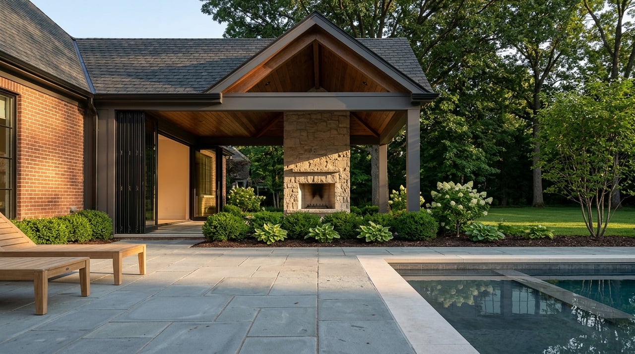 Covered patio with a limestone fireplace, walnut ceiling, open black-framed doors, and a pool edge beside the terrace.