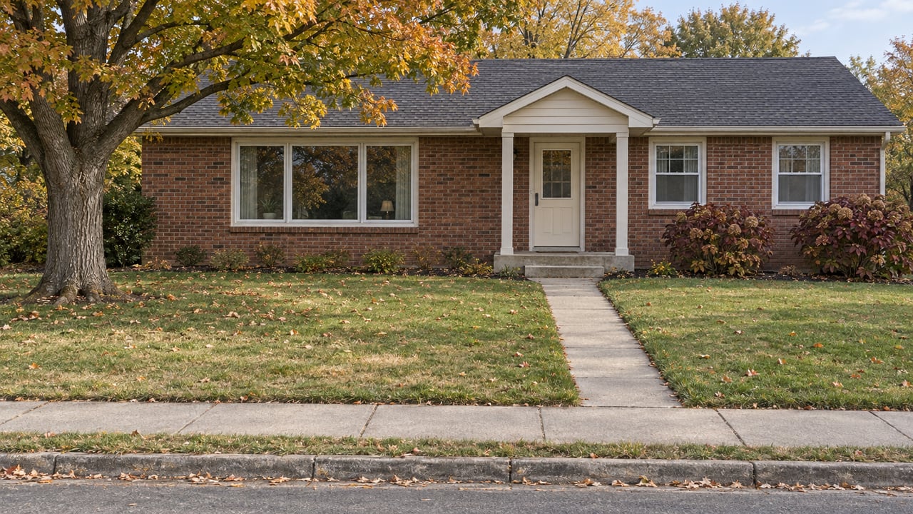An established red-brick ranch with a modest covered entry, deep front lawn and an amber-leaved maple in afternoon light.