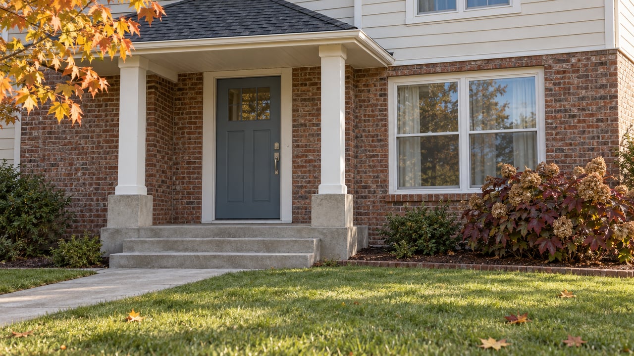 Morning light on a brick and ivory-sided home's covered entrance, with autumn hydrangea foliage and a lawn approach.