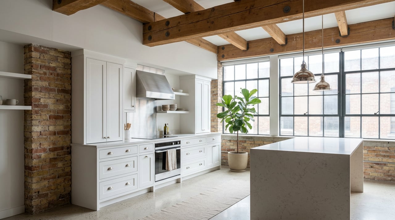 White kitchen island and cabinetry beneath timber beams, with exposed brick, steel-framed windows, and a fiddle-leaf fig.