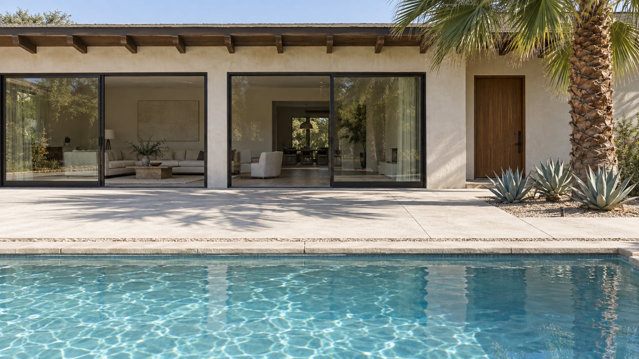 Private home’s stucco rear elevation behind a pale blue pool, with dark sliding-glass doors and a palm in the garden.