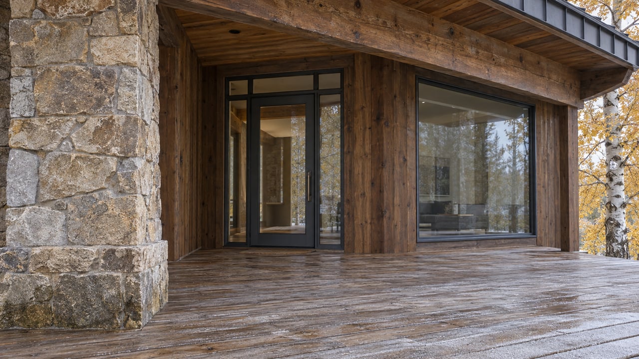 Covered timber porch with a tan stone pier, glazed charcoal-framed entry, weathered wood decking, and a golden-leaved aspen.