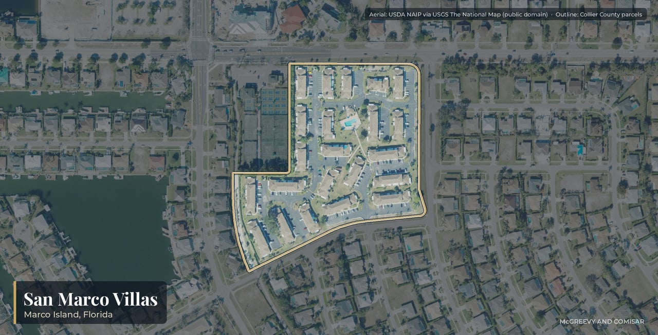 Aerial view of San Marco Villas on Marco Island, Florida, the 22 two-story townhouse buildings beside the City Racquet Center