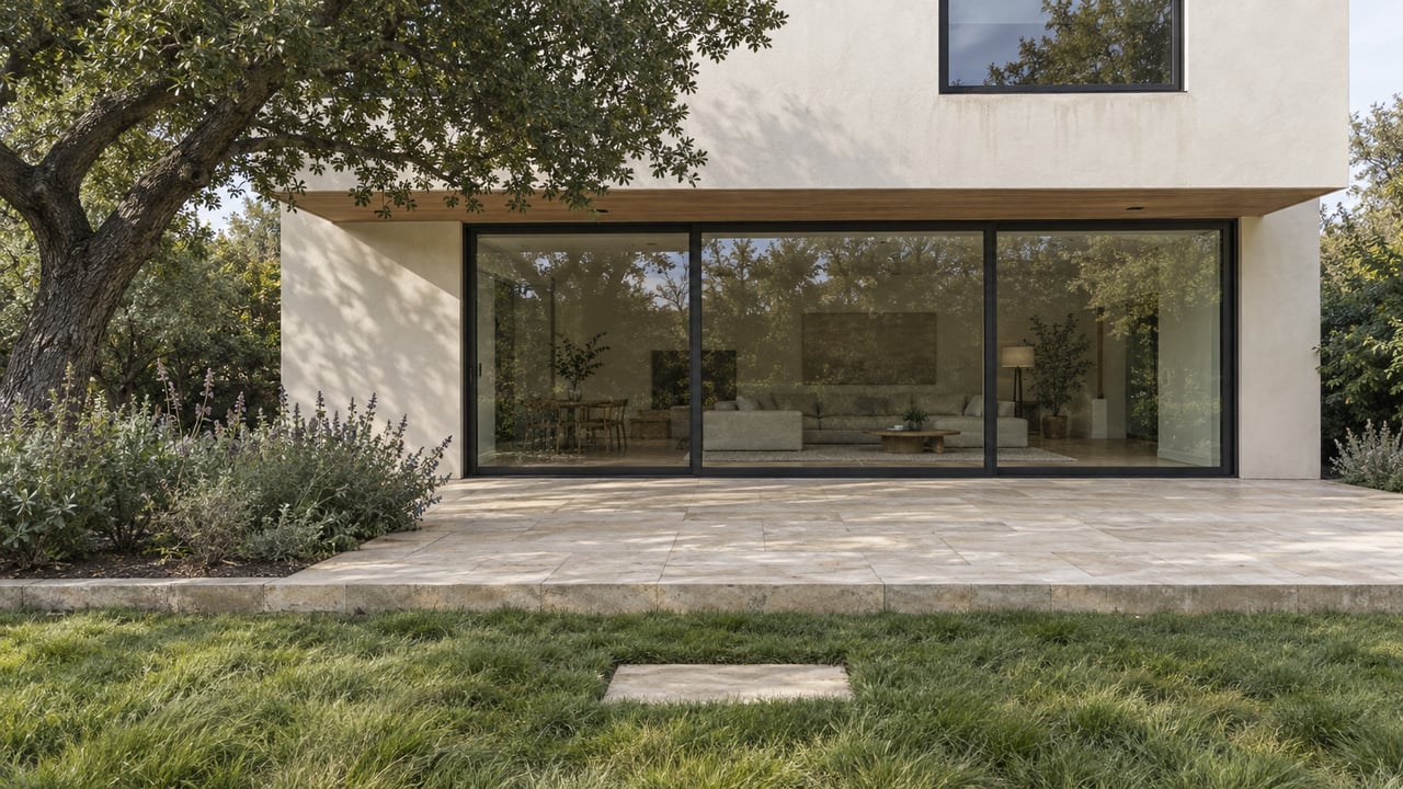 Contemporary plaster home with dark-framed glazing, a limestone terrace and a planted garden beneath a mature oak.