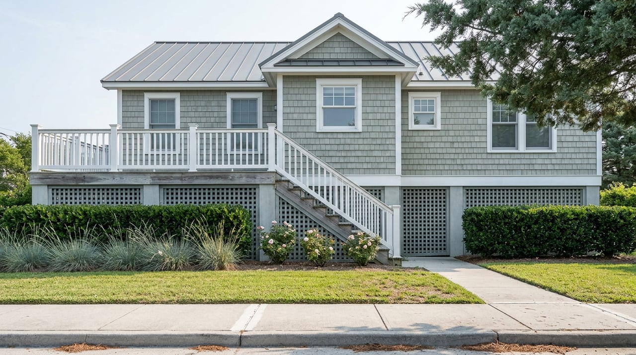 Elevated gray-green coastal cottage with white stairs and railings, framed by a clipped hedge and pink roses.