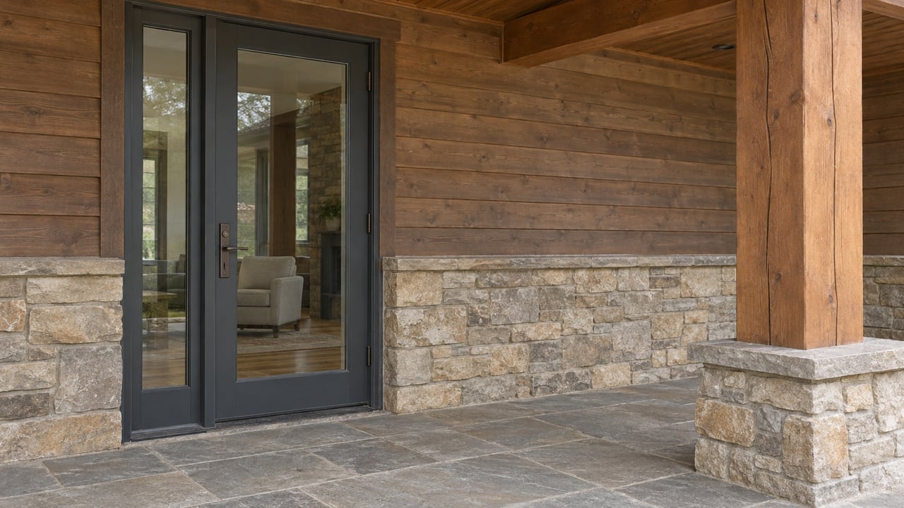 Covered timber porch with buff stone walls, weathered cedar siding and a closed glazed door into a sitting room.