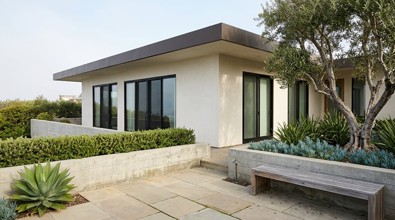 Terraced coastal home with off-white stucco, black-framed glass doors, sandstone pavers, and an olive tree.