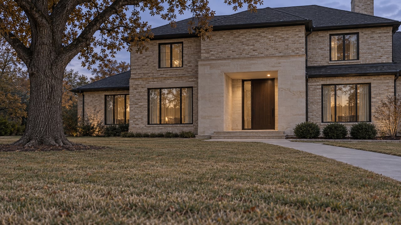 Twilight view across a generous autumn lawn toward an updated brick home with limestone entry steps and dark bronze windows.