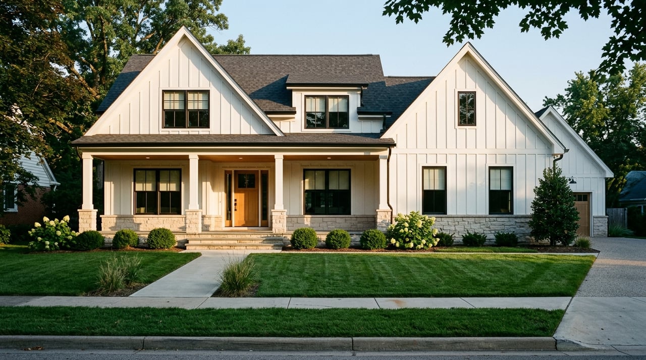 Modern farmhouse with a three-quarter view of its front façade, mature trees, deep lawn, and foundation plantings.