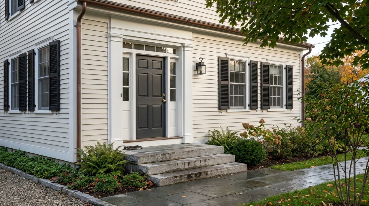 Historic luxury building entrance with architectural details in a shoulder-season exterior.
