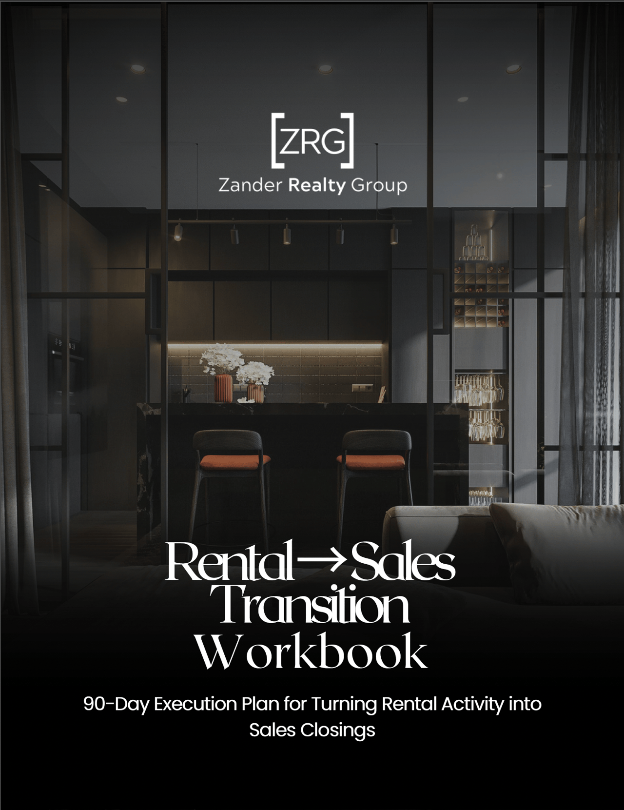Rental-to-sales transition workbook cover with a 90-day execution plan subtitle.