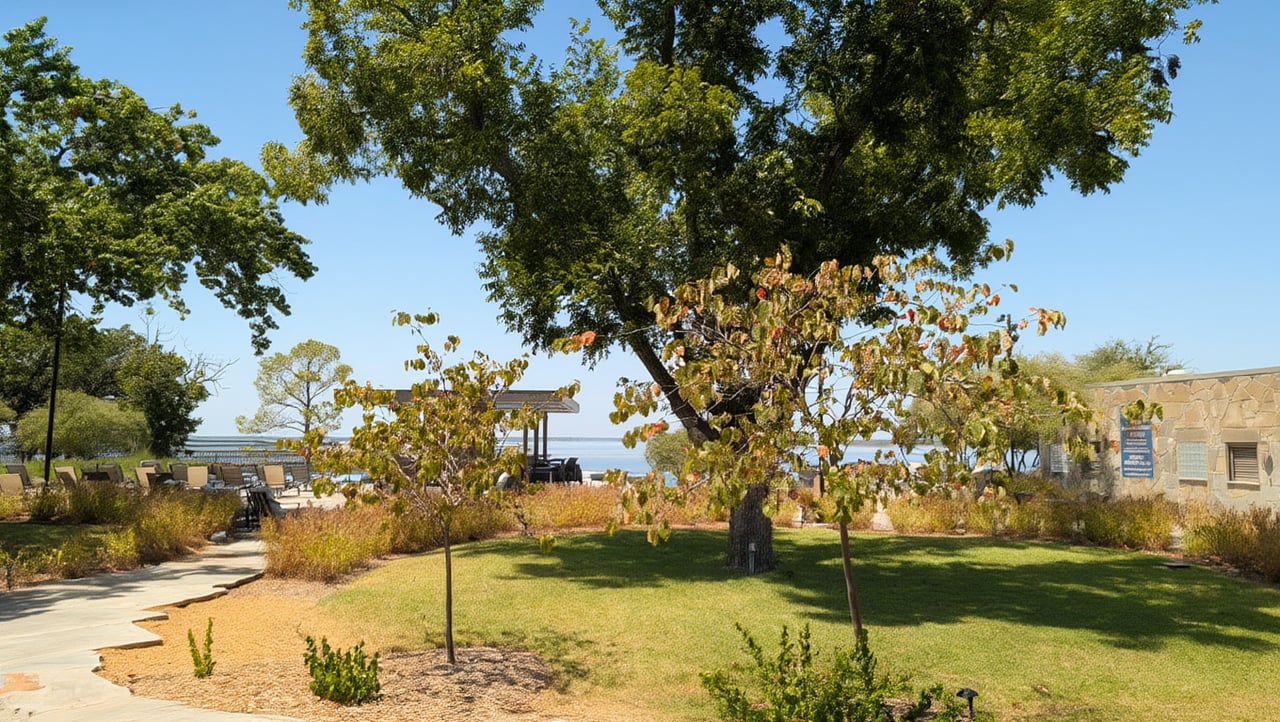 Path to yoga lawn, boccee courts and Lake View Pergola at Waterford Point Clubhouse.