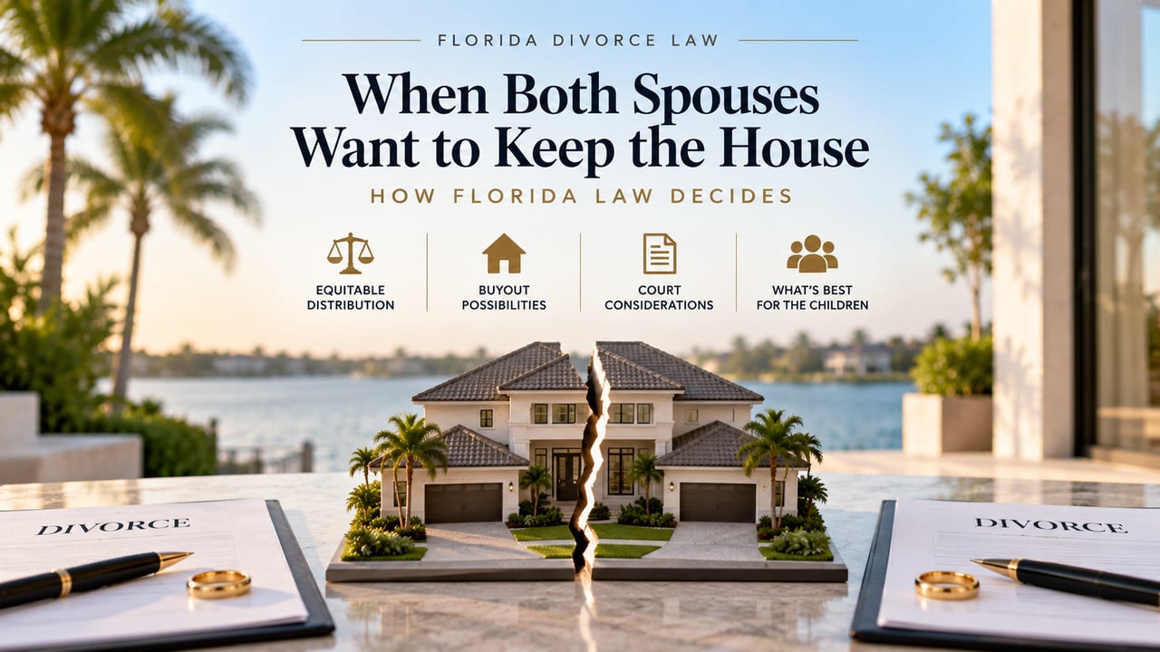 Florida divorce real estate illustration showing a marital home divided between two spouses, highlighting equitable distribution, buyout options, court considerations, and children’s best interests when both spouses want to keep the house.