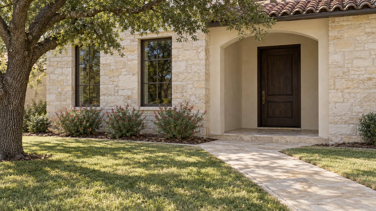 Limestone and stucco home with a recessed oak entry door, clay-tile roof, and a stone walk crossing a broad lawn beneath a mature live oak.