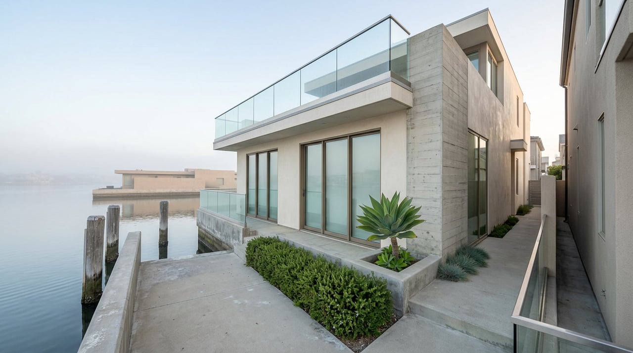 Two-story coastal home with glass-railed deck beside a narrow harbor walkway and weathered wooden dock.