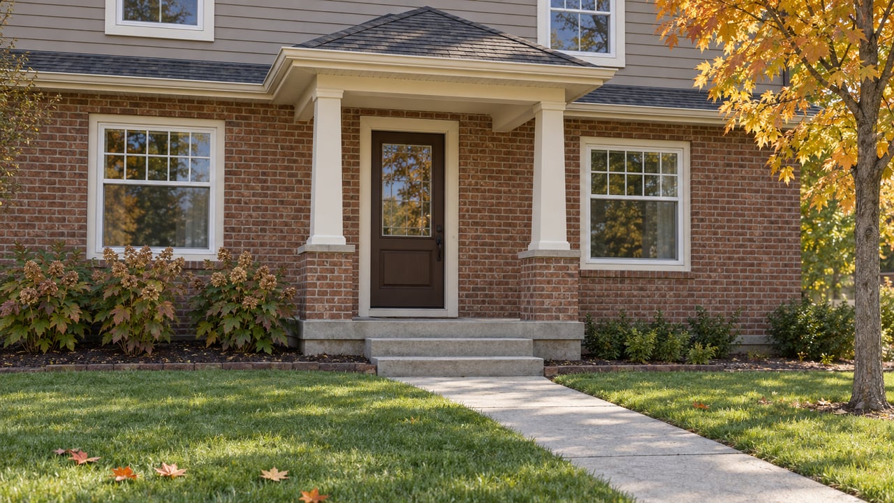 Autumn sunlight on a brick home entry with cream porch columns, taupe siding and a broad lawn crossed by a concrete walk.